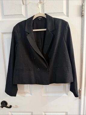 Express Black Linen Cropped Double-Breasted Blazer